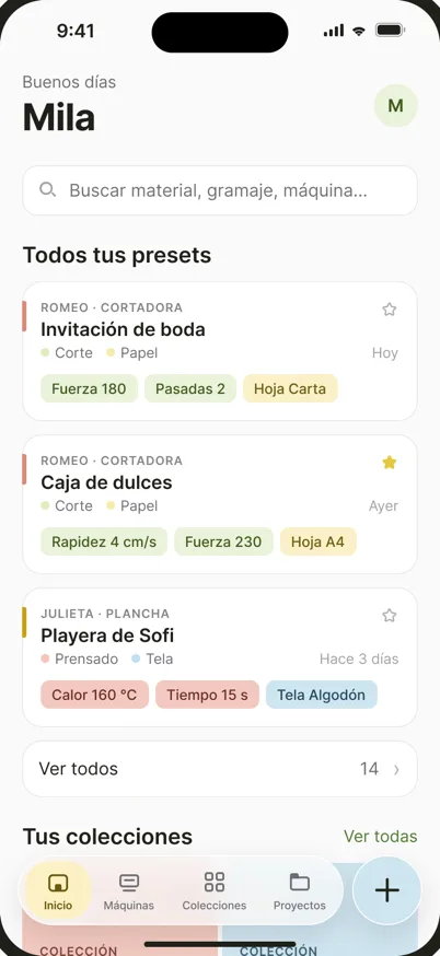 Pantalla de inicio de Sweet Preset con presets de cortadora, como Invitación de boda con fuerza 180, y de plancha, como Playera de Sofi a 160 °C y 15 s